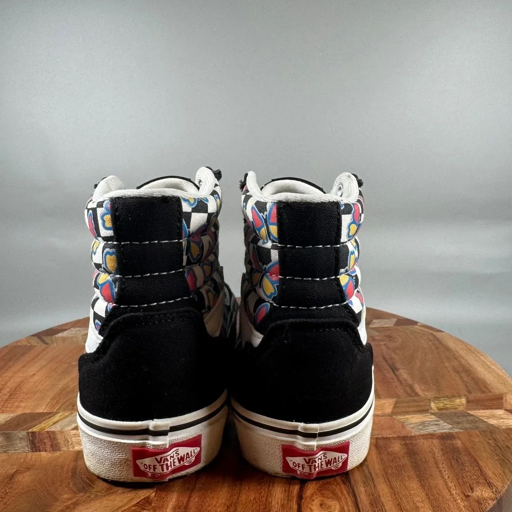 Vans Sk8-Hi Womens 6 Black White Butterfly Checkerboard High Top‎ Sneakers